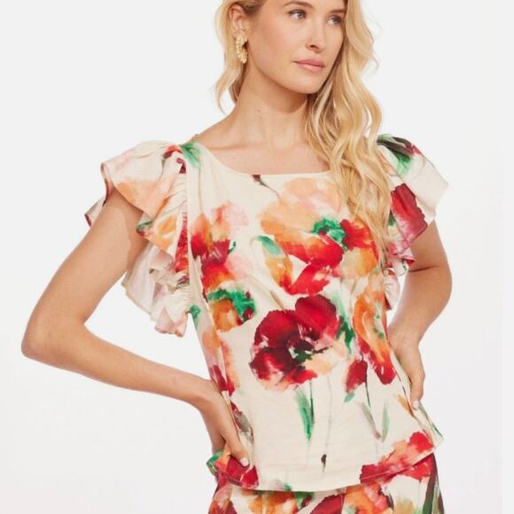 Eva Franco Tops - EVA FRANCO Bonnie Top Wild Poppies Print Cotton Floral Ruffle Detail Size Small